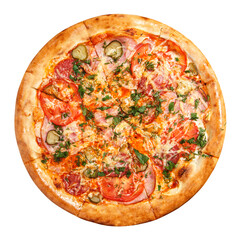 Pizza with tomato slices and bacon slices with cheese and lightly salted cucumbers decorated with...