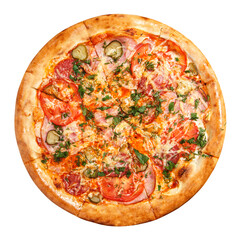Pizza with tomato slices and bacon slices with cheese and lightly salted cucumbers decorated with herbs overhead view isolated on white background