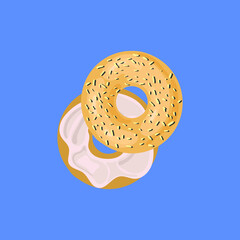 Vector Spread  Bagel, Cut in Half Donut on Light Blue Background, Sweet Food.
