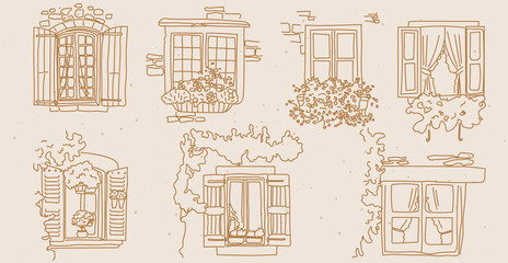 Vector set of hand drawn retro vintage / Boho Windows  for social media and web / logo design. - All elements are isolated.