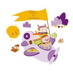 Happy friends fly on a plane to school. Back to schooll.  Vector illustration in cartoon style on white background. Hand drawn. Isolate. For printing postcards, posters, flyers. For web design.