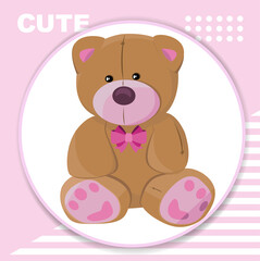 Cute sitting teddy bear with a pink bow on his head. Postcard with abstract creative minimalistic composition. Vector illustration