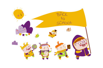 Happy friends go to school. Cheerful children go to school with animals.Back to school. Vector illustration in cartoon style on white background. Hand drawn. Isolate. For printing postcards, posters
