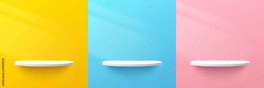 Sticker set of abstract 3d white semi circle shelf or pedestal podium on yellow, blue, pink pastel color wal