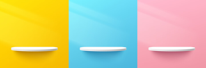 Set of abstract 3d white semi circle shelf or pedestal podium on yellow, blue, pink pastel color wall scene with lighting. Vector rendering geometric shape for product display presentation. - obrazy, fototapety, plakaty