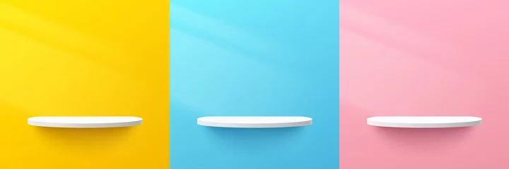 Fotobehang Set of abstract 3d white semi circle shelf or pedestal podium on yellow, blue, pink pastel color wall scene with lighting. Vector rendering geometric shape for product display presentation. © Riseness