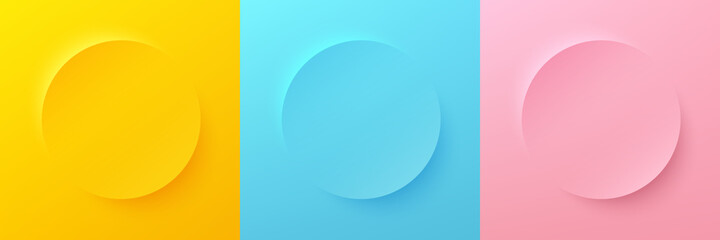 Set of abstract 3d bright yellow, blue and pink pastel color circle frame design for cosmetic product. Collection of minimal geometric background with copy space. Top view scene. Vector EPS10