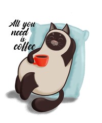 siamese cat resting with a cup of coffee