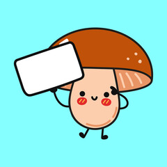 Cute funny Mushroom with poster. Vector hand drawn cartoon kawaii character illustration icon design. Isolated on blue background. Mushroom think concept
