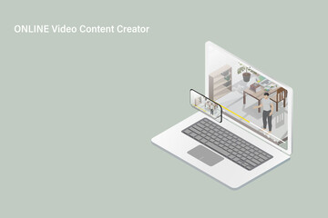 Online video content creator is delivering his content through social media channels on isometric communication devices such as smartphone and laptop isolated on pastel green background