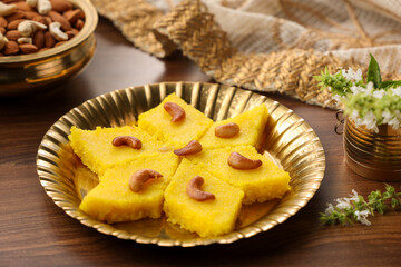 Rava kesari , Kesari bath , sheera or suji halwa  Indian sweet  food.mithai for Diwali ,pongal,  ugadi in Karnataka, Tamil Nadu , south Indian , North Indian, Sri Lanka Semolina pudding dessert