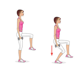 Girl trains: squats with lifting dumbbells. Illustration isolated on white background.