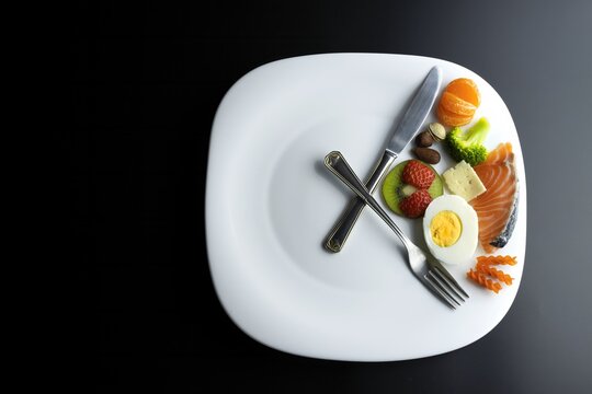 a plate simulating a clock with the hands of a fork and a knife showing food, concept of intermittent fasting