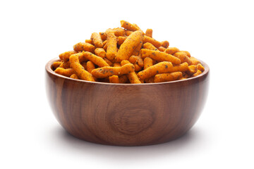 close-up of Spicy Chutney Sev In hand-made (handcrafted) wooden bowl made with Chickpea flour and red chili. Pile of Indian spicy snacks (Namkeen)