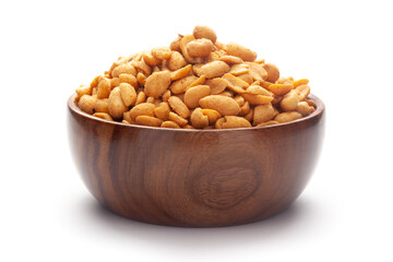 Close-up of Heeng jeera Peanuts mixture Indian namkeen (snacks) In hand-made (handcrafted) wooden bowl over white background.