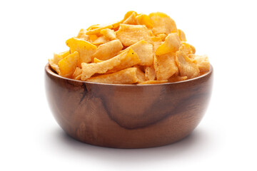 Close up of Soya Chips crunchy and salty Indian Namkeen In hand-made (handcrafted) wooden bowl.