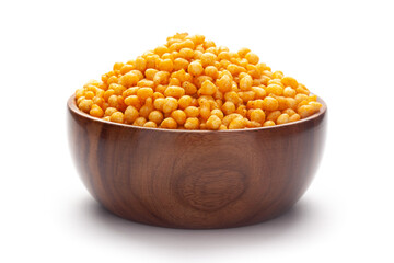 Close up of crunchy masala boondi Indian namkeen (snacks) In hand-made (handcrafted) wooden bowl