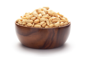 Close up of crunchy roasted Peanuts Indian namkeen (snacks) In hand-made (handcrafted) wooden bowl. Top view