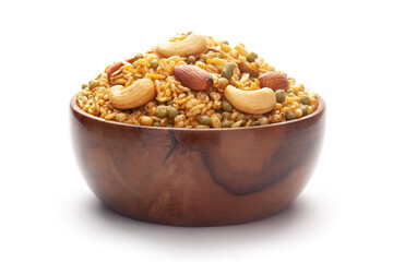 Close-Up of Shahi Mixture In hand-made (handcrafted) wooden bowl, made with peanut, cashew, almonds. Indian spicy snacks (Namkeen).