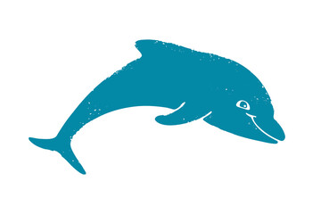 Textured blue smiling dolphin isolated on a white background. Sea animal in a cartoon style. Vector shabby hand drawn illustration