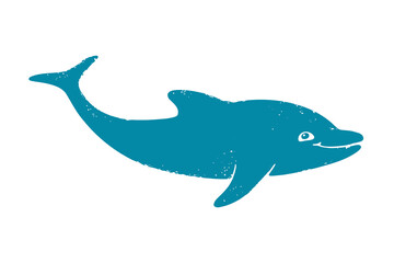 Textured blue smiling dolphin isolated on a white background. Sea animal in a cartoon style. Vector shabby hand drawn illustration