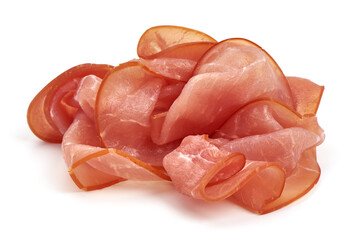 Italian prosciutto crudo or spanish jamon. Jerked meat, isolated on white background.