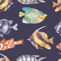 Fototapeta premium Fish underwater sea ocean corals algae seashells watercolor hand drawn illustration