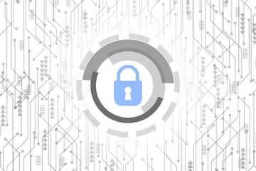 Circuit board pattern with blue padlock in the circle, technology background.