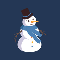 Happy snowman with face, hat, carrot and scarf. Merry holiday decorations for New Year and Christmas. Winter and festive element