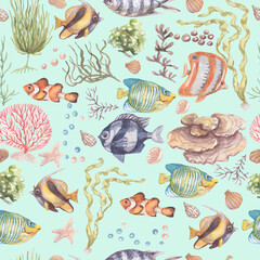 Fish underwater sea ocean corals algae seashells watercolor hand drawn illustration