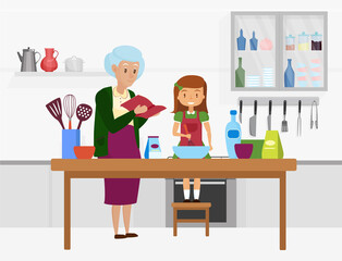 Happy family cook food together vector illustration. Cartoon grandmother and granddaughter characters cooking in home kitchen room interior, grandma holding recipe book, girl with whisk background