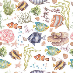 

Fish underwater sea ocean corals algae seashells watercolor hand drawn illustration. Prin textile vintage wild nature bright aquarium fish patern seamless