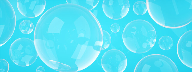 soap bubbles over blue background, 3d rendering, panoramic image