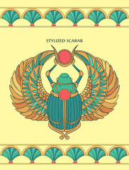 colored vector illustration with stylized scarab  - obrazy, fototapety, plakaty
