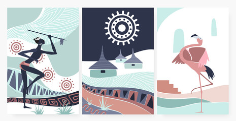 African village, traditional ethnic pattern ornament in wall art decor vector illustration. Cartoon flamingo, aboriginal tribe people holding spear, native folk hut houses in african wallpaper set