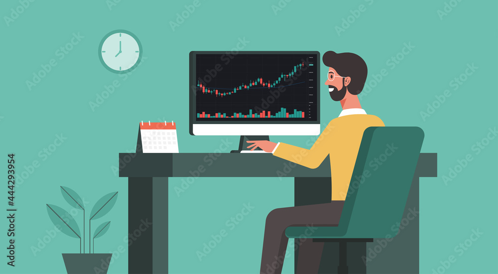 Wall mural businessman using computer trading cryptocurrency, forex, stock with financial chart to buy and sell for exchange market concept, vector flat illustration