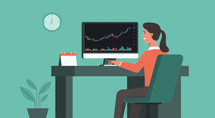 businesswoman using computer trading cryptocurrency, forex, stock with financial chart to buy and sell for exchange market concept, vector flat illustration