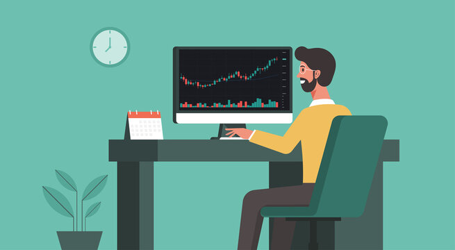businessman using computer trading cryptocurrency, forex, stock with financial chart to buy and sell for exchange market concept, vector flat illustration