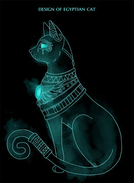 design of egyptian cat on black background with blue lighting smoke