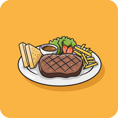 Grilled meat steak with french fries, tomato and bread, vector design and isolated background.