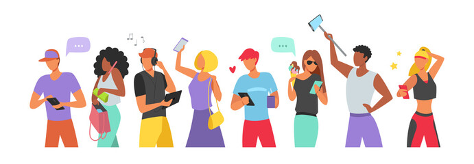 Men and women use smartphones to communicate. Phone as a source of information. Internet addiction. People and gadgets. Characters collection. Vector flat illustration