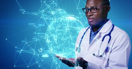Beautiful Hologram Slow Motion Portrait Successful Doctor Working with Futuristic Technological Blue Hologram Analyzing Data. Afro-American Medic 3d animation Modern Digital Medical Network Concept. - Powered by Adobe