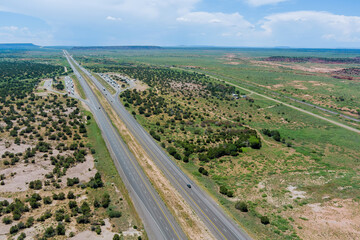 Fototapeta na wymiar Panoramic view a trip at high speed through the Arizona desert to the distant mountains