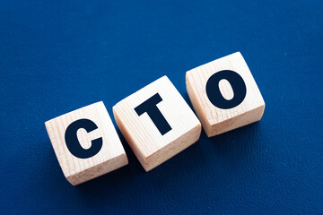 CTO word written on wood block. CTO - chief technology officer - word is made of wooden building...