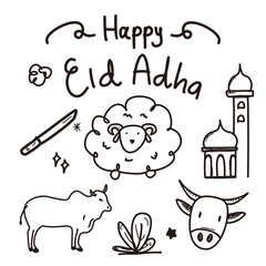 Eid Al-Adha doodles, hand drawn sketch, elements, islamic doole, suitable for Eid Al-Adha, Line Icon Sketch, Hand Made Vector Art, Holy Muslim festival,Illustration in Doodle Style
