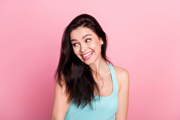 Photo of clown teen lady tongue out wear blue top isolated on pink color background