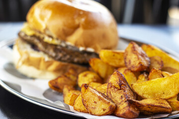 French fries and cheeseburger