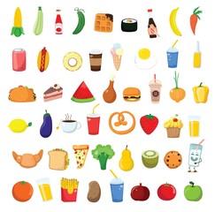 Big set icons food, flat style. Fruits, vegetables, meat, fish, bread, milk, sweets. Meal icon isolated on white background.