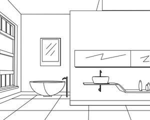 line art interior design bathroom with sink and bathtub