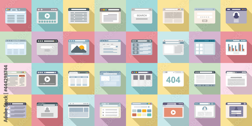 Poster browser icons set flat vector. computer window